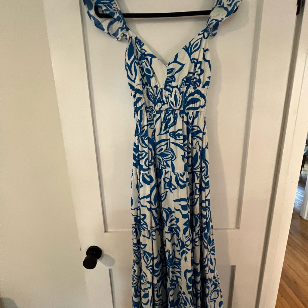 White & Blue Floral Maxi Dress - Sleeveless V-Neck
